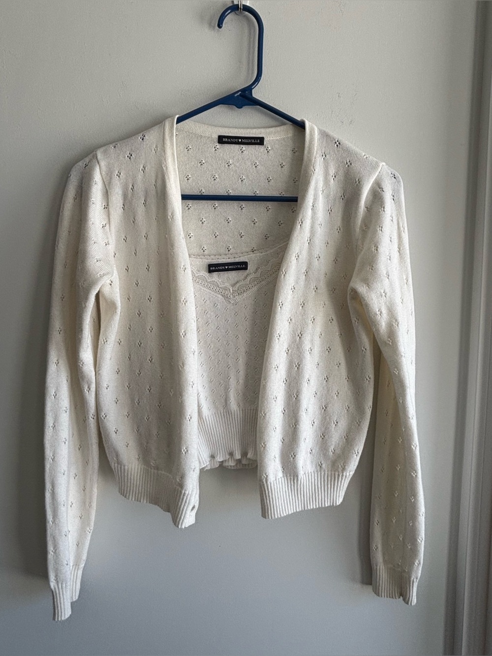 Brandy Melville Ivory Open-Front Eyelet Cardigan